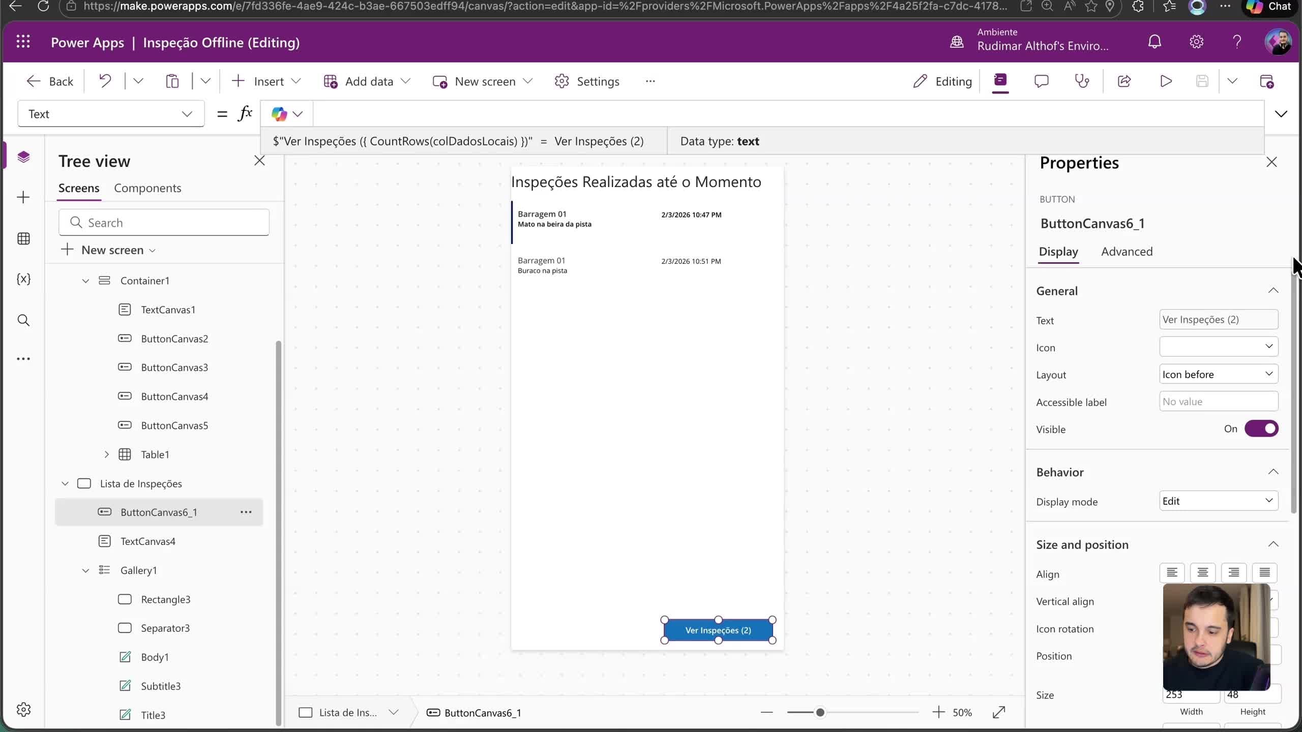 Implementação da Galeria para Visualização de Inspeções no Power Apps