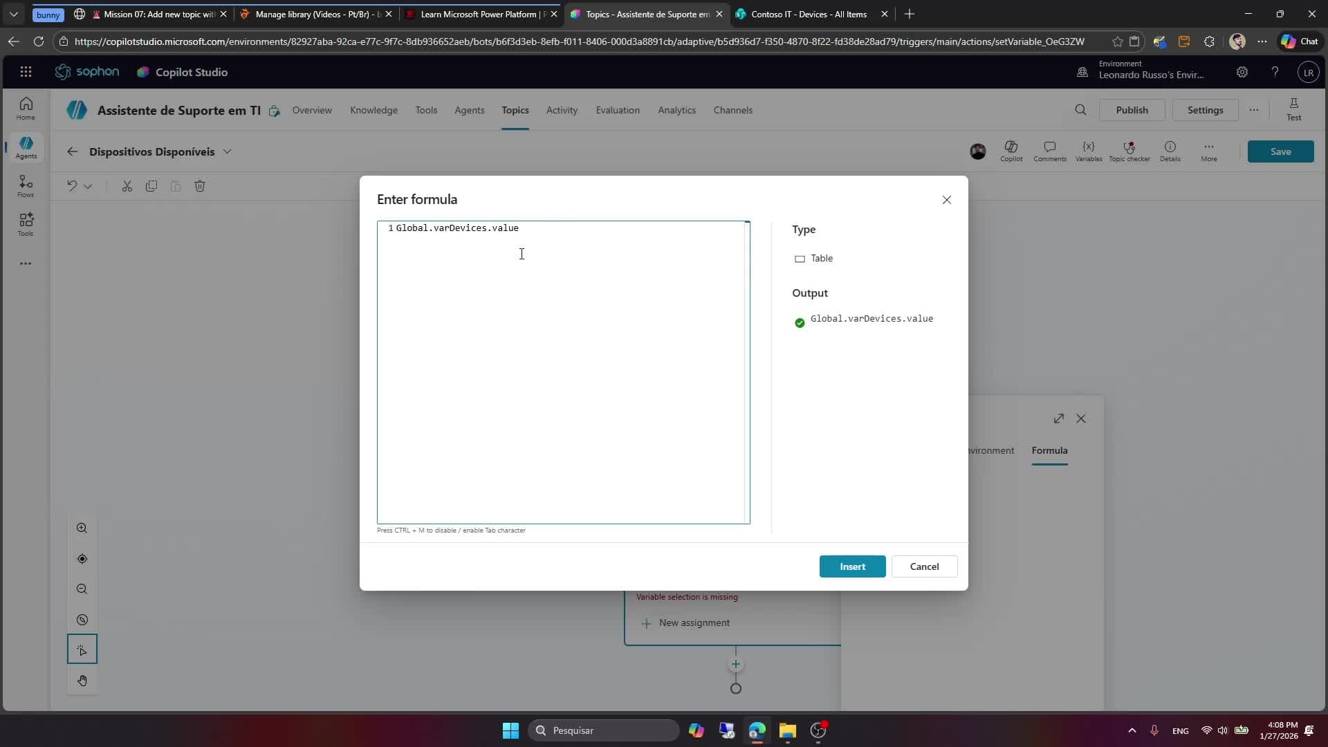 Tópico: setando variável de output