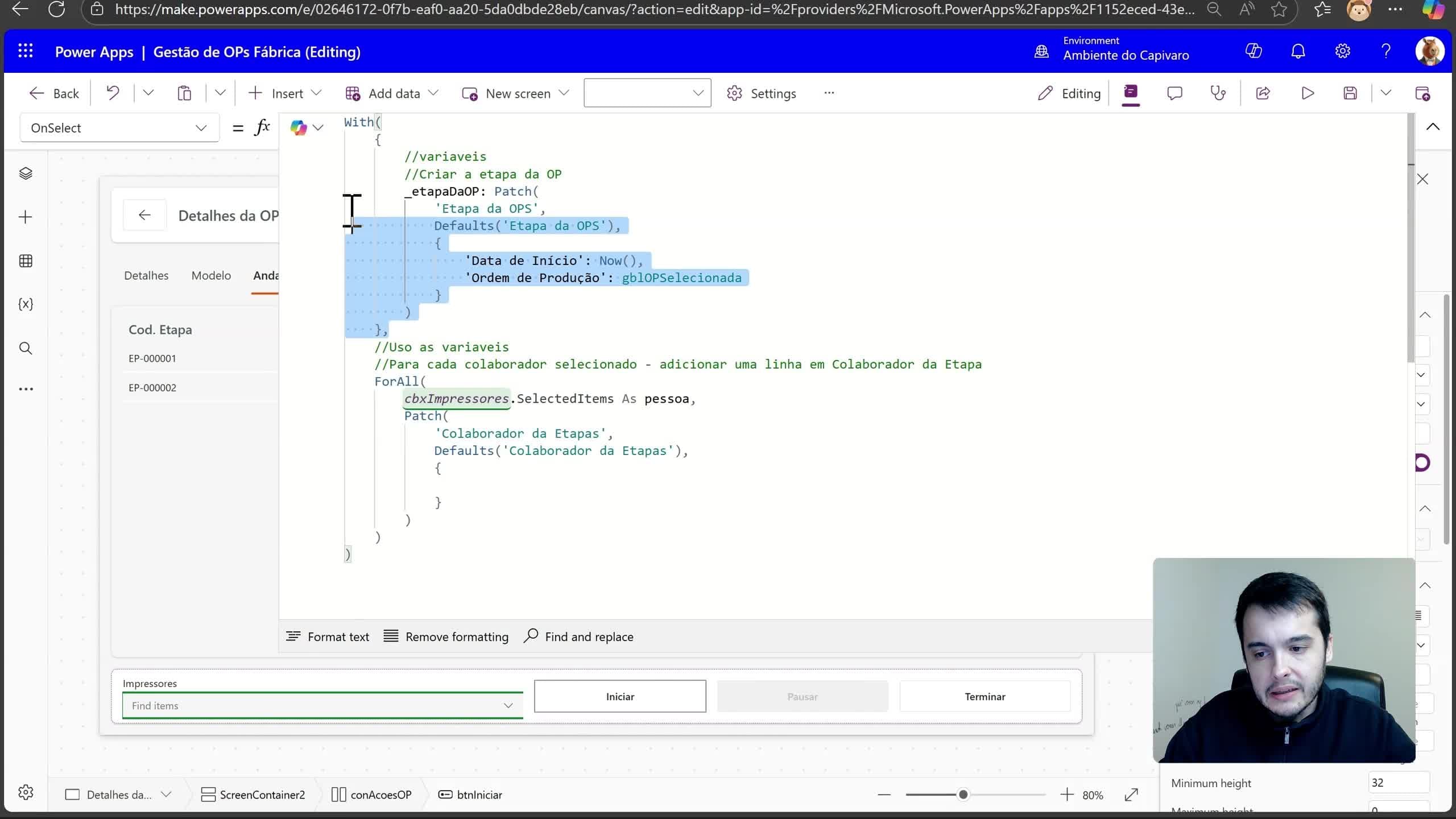Associando Colaboradores à Etapa da OP no Power Apps com Patch, With e ForAll