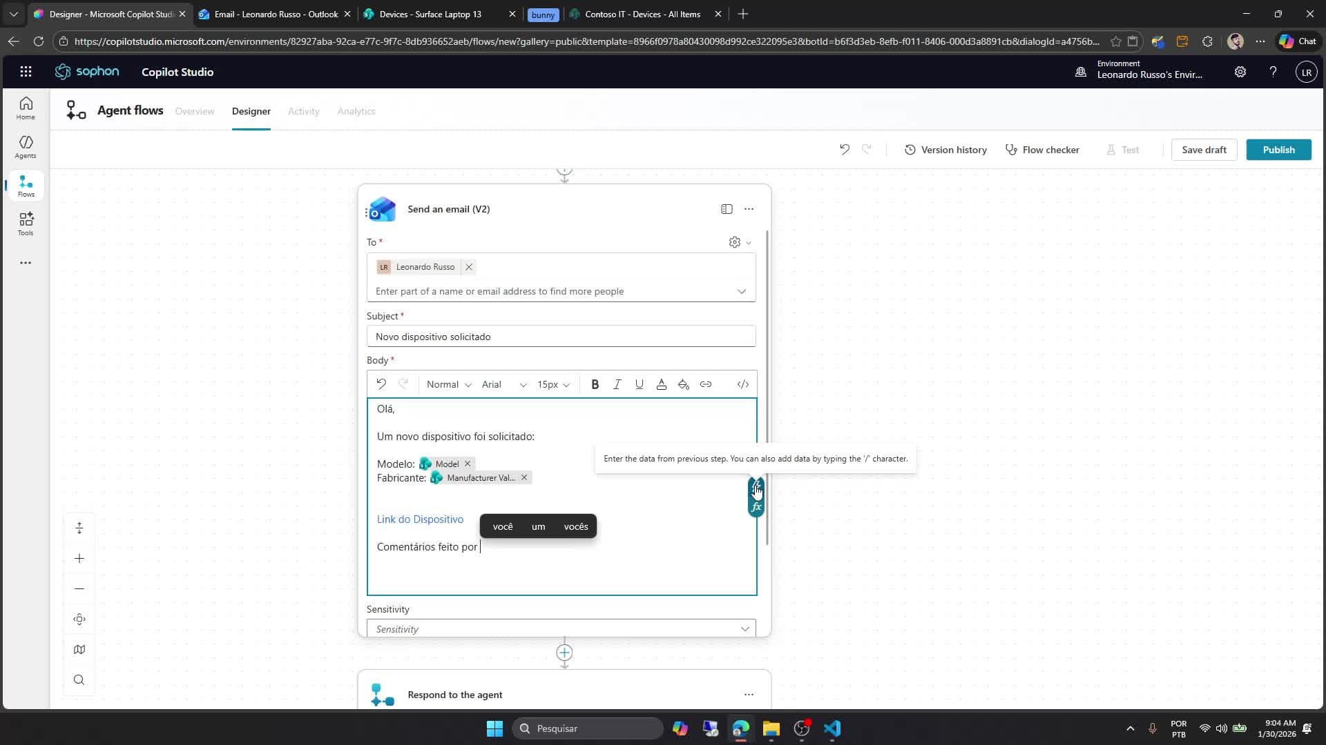 Inserindo uma ação de envio de e-mail