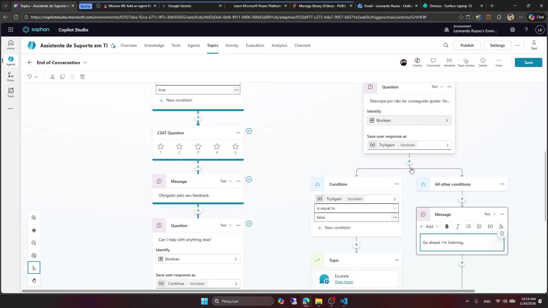 Explorando e customizando o tópico (End of conversation)